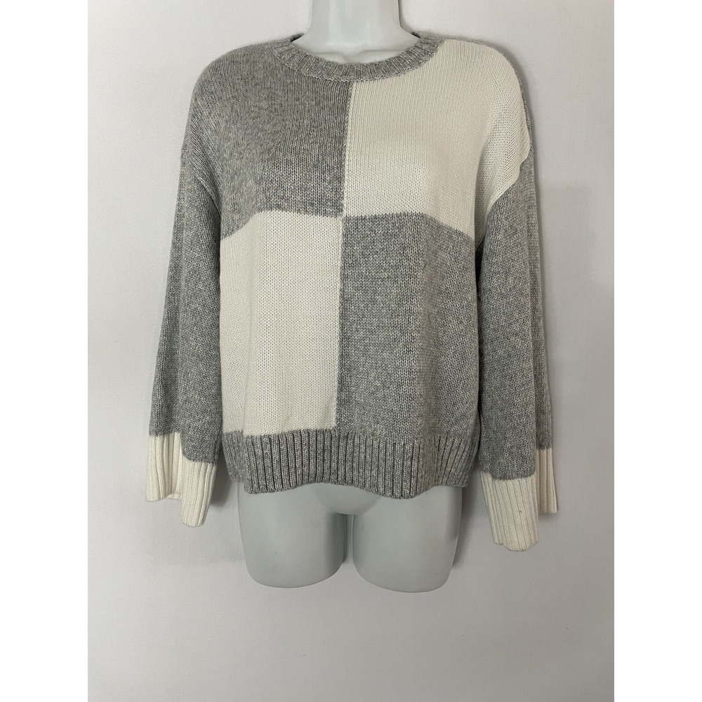 Nine West Sweater Womens Size PM Gray White‎ Long Sleeve Crew Neck Soft Knit NWT